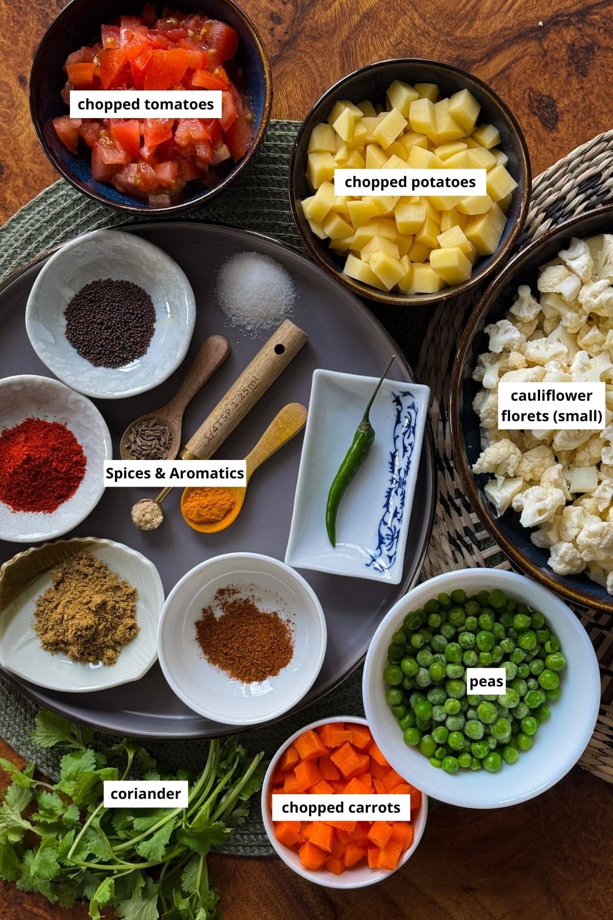 Ingredients to make Flower bataka nu shaak (stir fry cauliflower-potato dry curry).