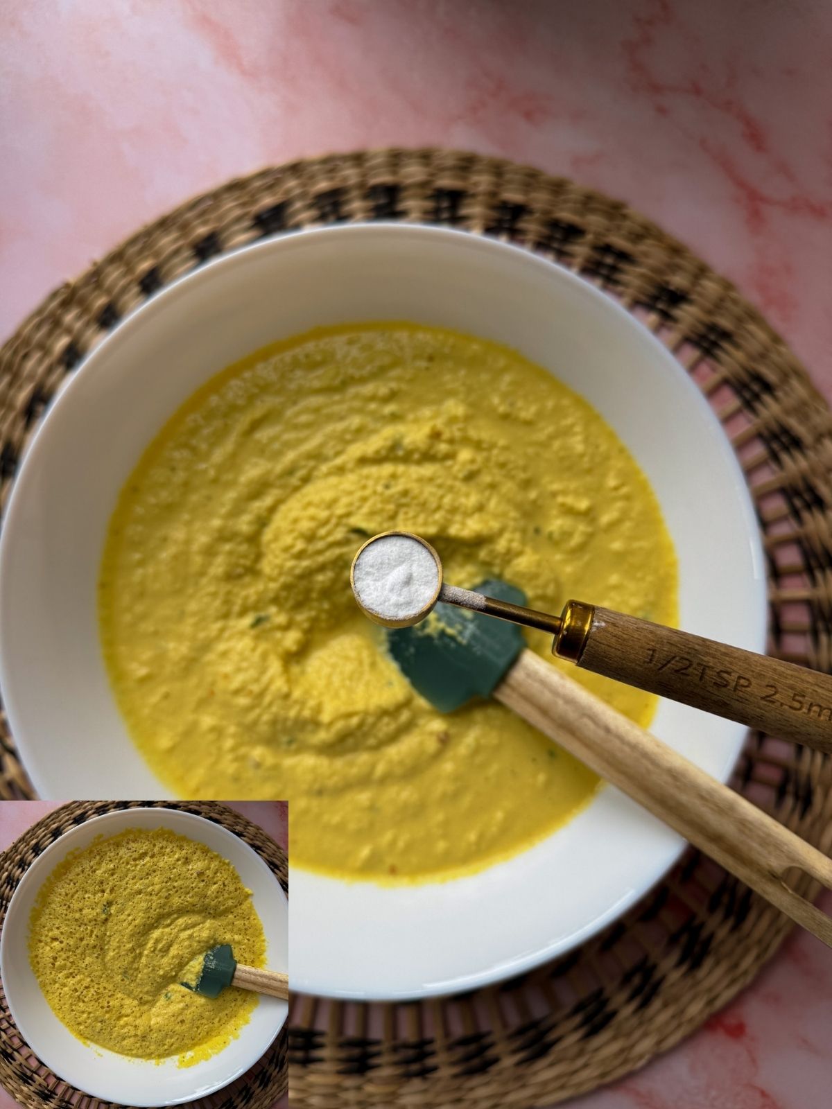 added baking soda to the batter and second pic shows how it turns frothy from the baking soda reaction