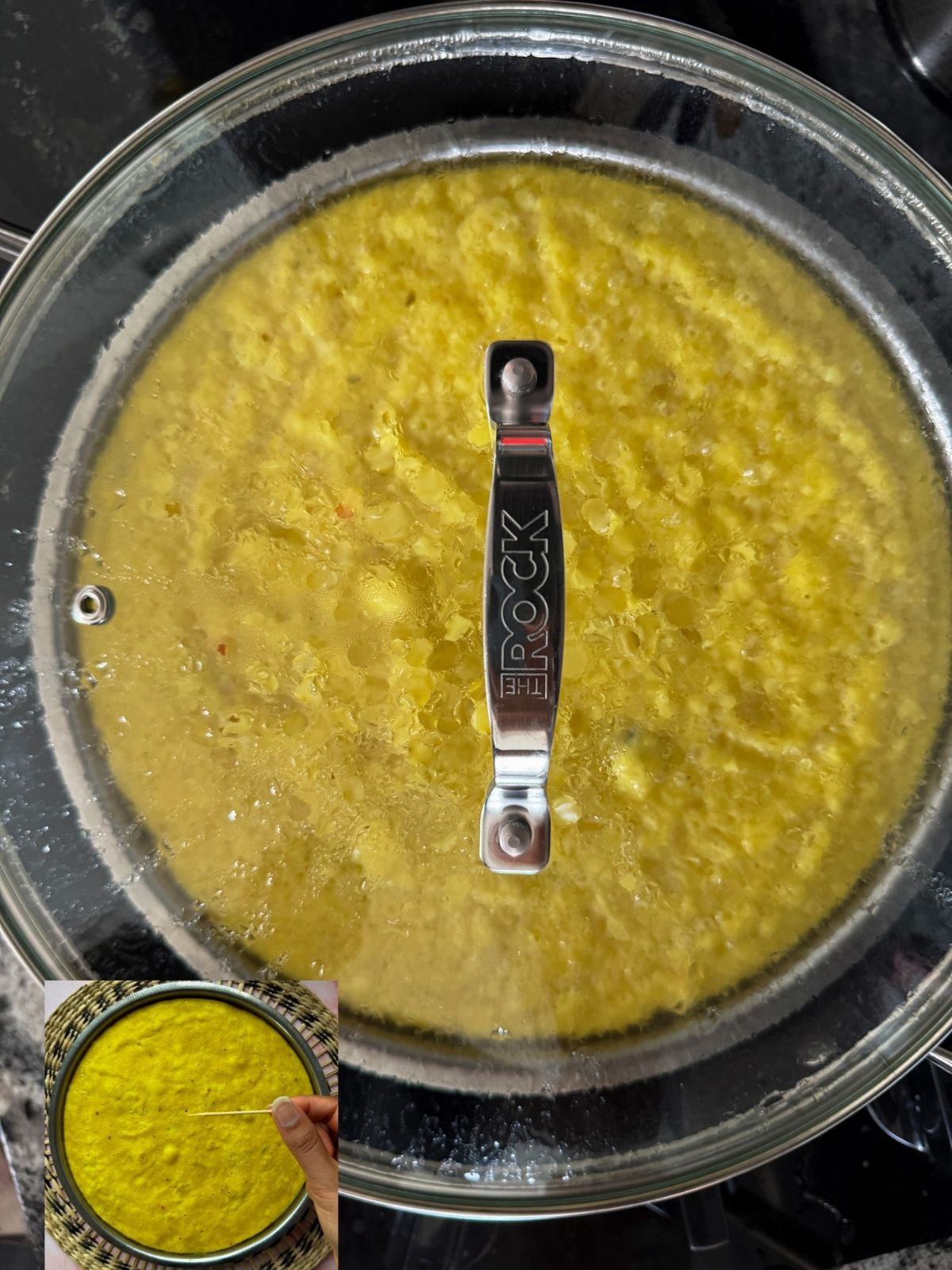 steaming the khaman in a plate inside a pot with a lid on