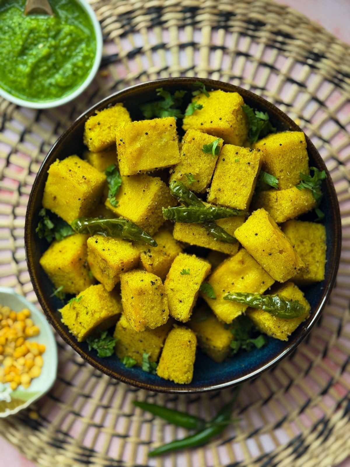 Vatidal khaman in a big bowl with chillies and a side of chutney and chana dal