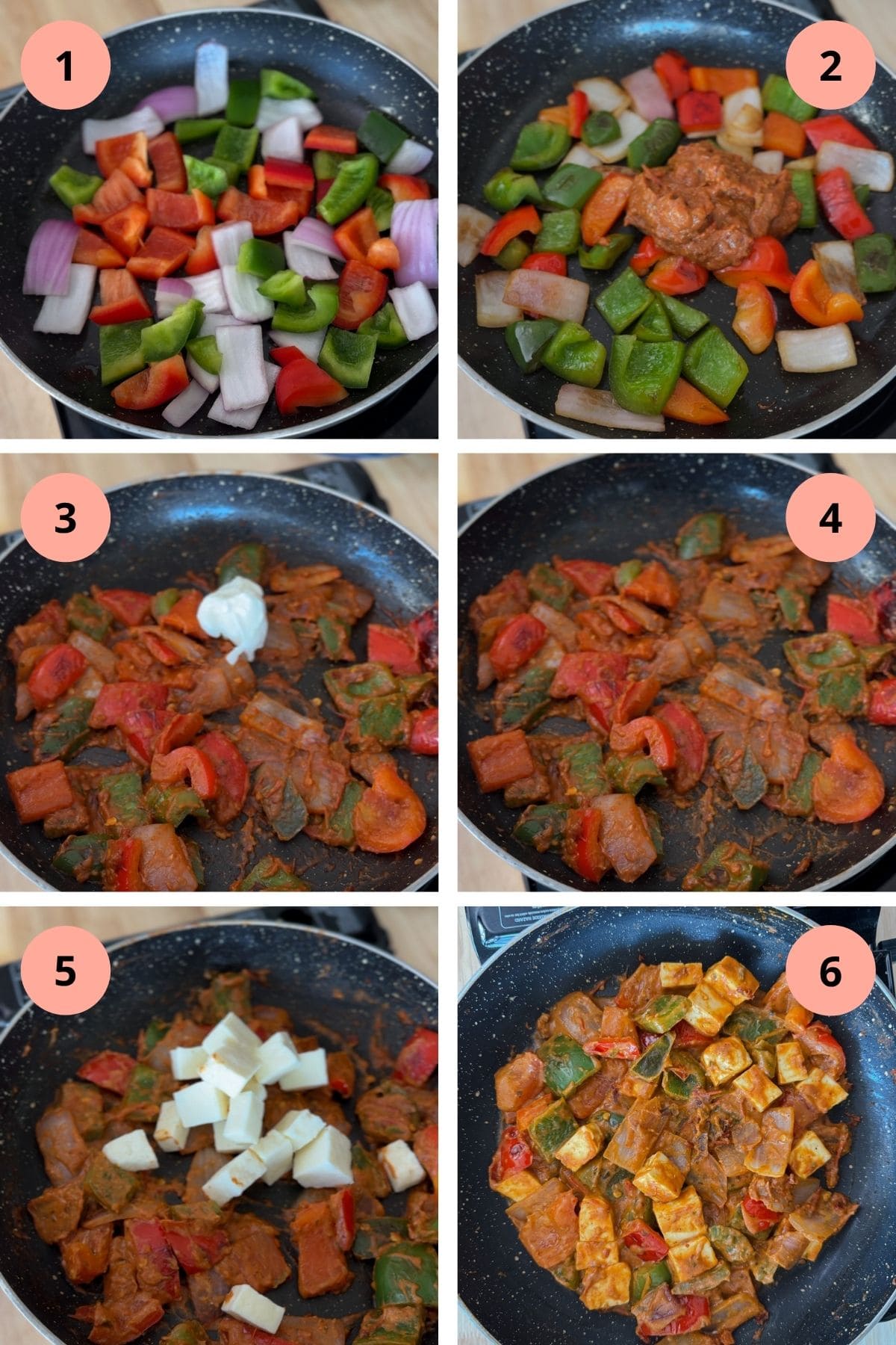 This image shows a 6 step process on making the paneer tikka taco filling.